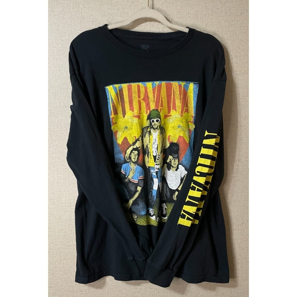 Nirvana Kurt Cobain Graphic Long Sleeve Band Tee Licensed Men Size L Black - Picture 2 of 7